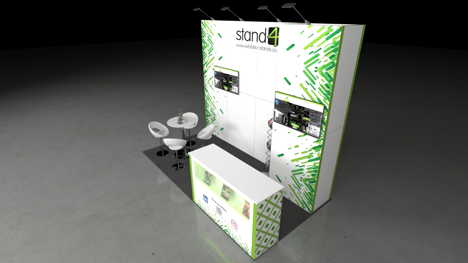 Minimalist exhibition booth with white walls, two screens, bar stools, a round table, and a brochure counter on a grey platform inside a large industrial hall.