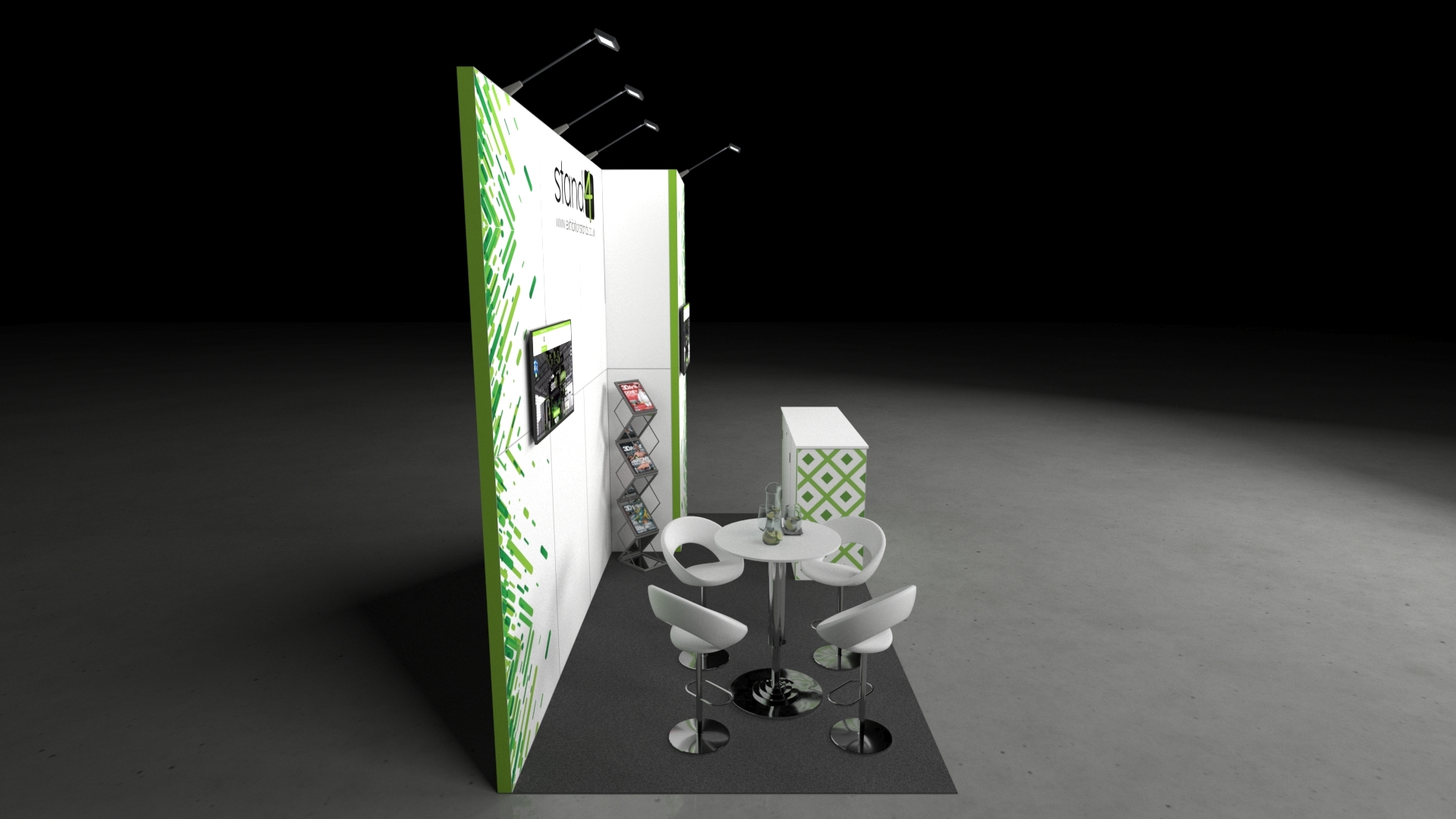Minimalist exhibition booth with white walls, two screens, bar stools, a round table, and a brochure counter on a grey platform inside a large industrial hall.