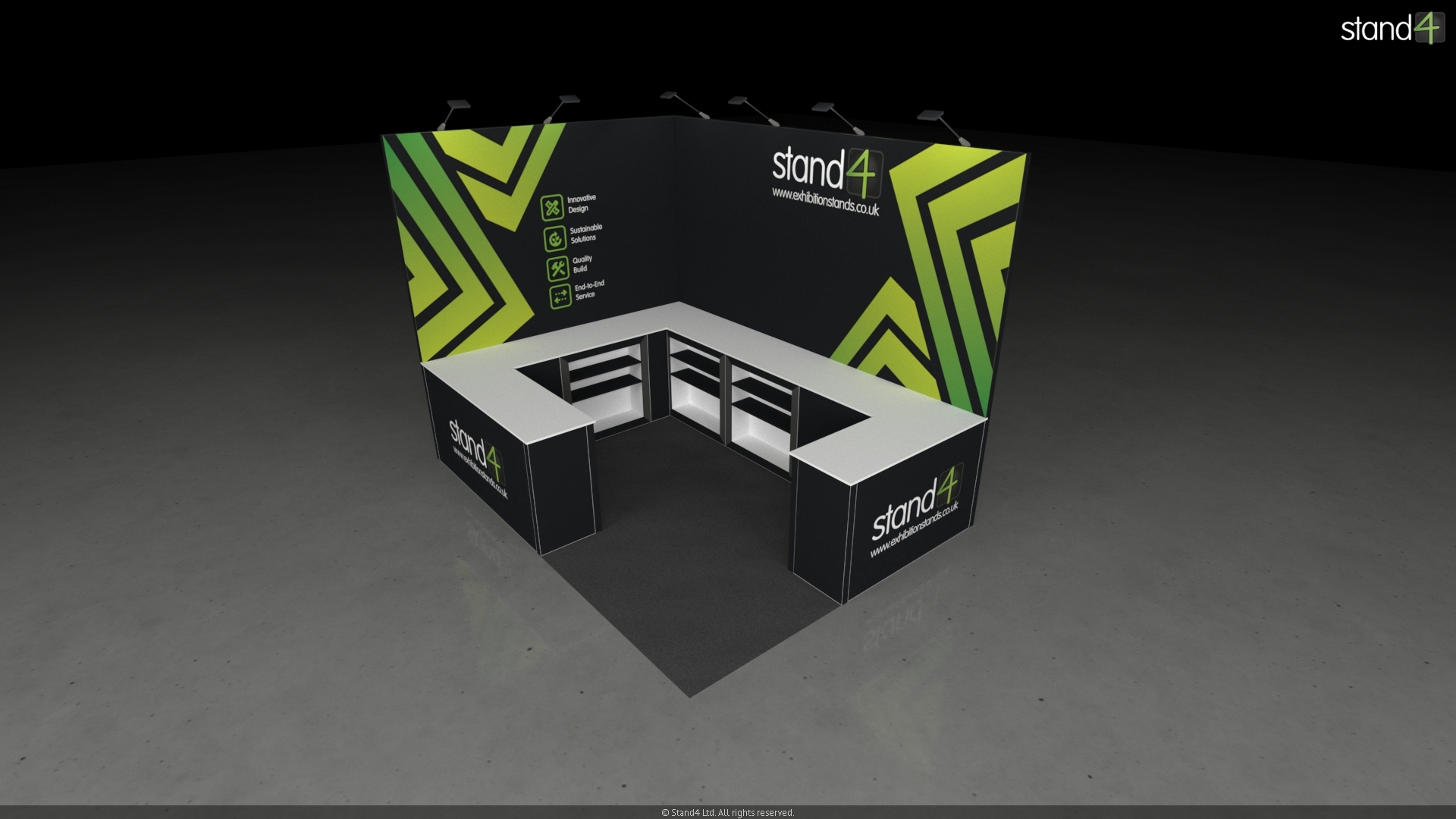3D rendering of a corner exhibition stand featuring an L-shaped backwall with overhead arm lights, and a prominent U-shaped front counter equipped with built-in open shelves and enclosed storage cabinets facing the central floor space.