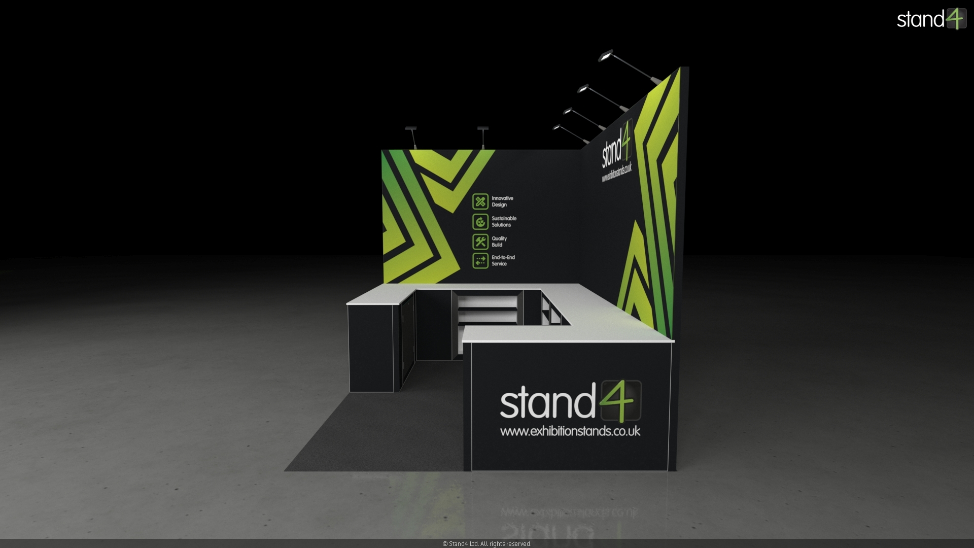 3D rendering of a corner exhibition stand featuring an L-shaped backwall with overhead arm lights, and a prominent U-shaped front counter equipped with built-in open shelves and enclosed storage cabinets facing the central floor space.