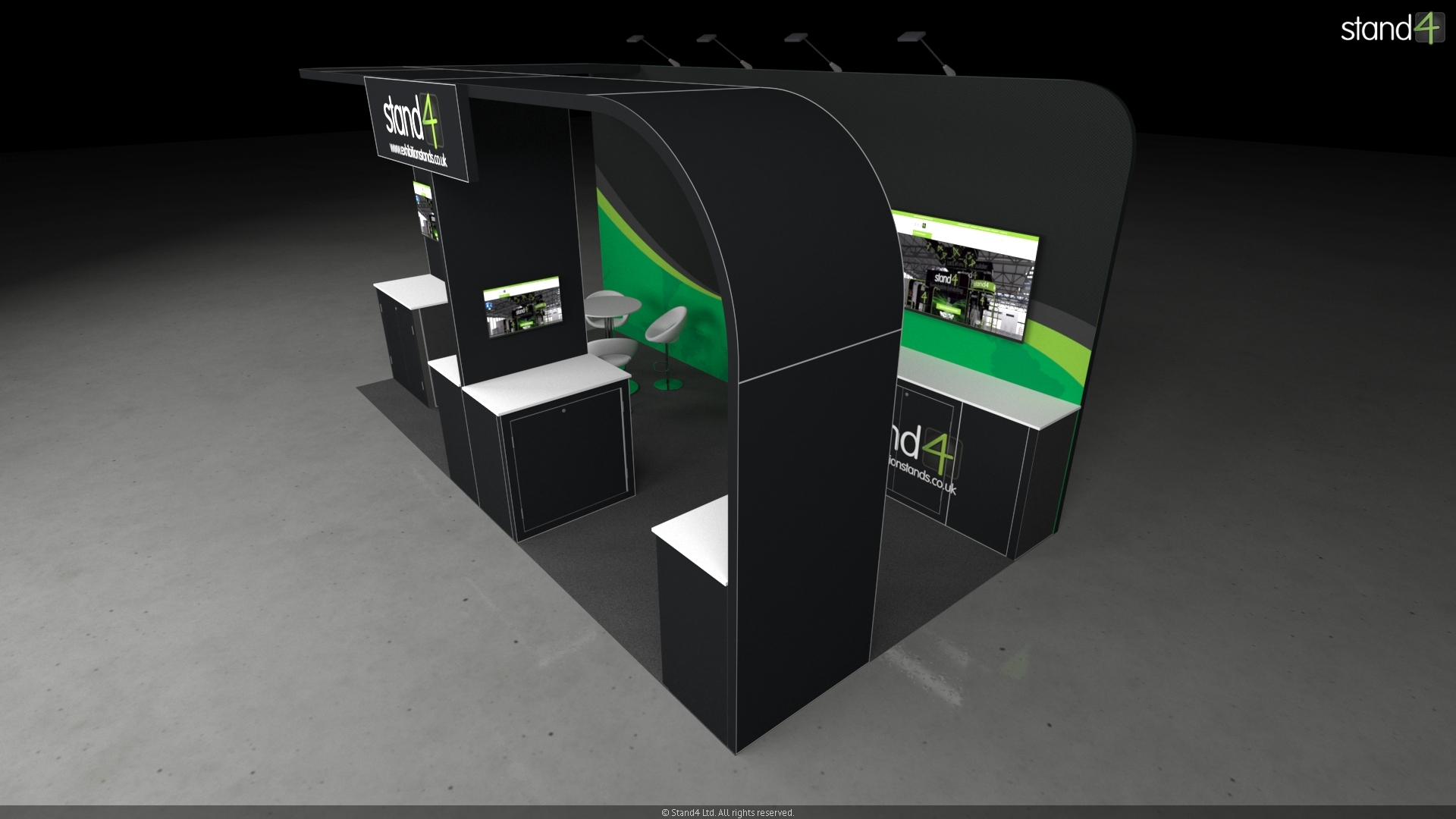 3D rendering of an open-plan exhibition stand featuring a large overhead canopy. The layout includes three front-facing presentation kiosks with digital screens and storage cabinets, a central meeting area with a high-top table and four bar stools, and a backwall equipped with overhead arm lights, a large monitor, and a long built-in counter.