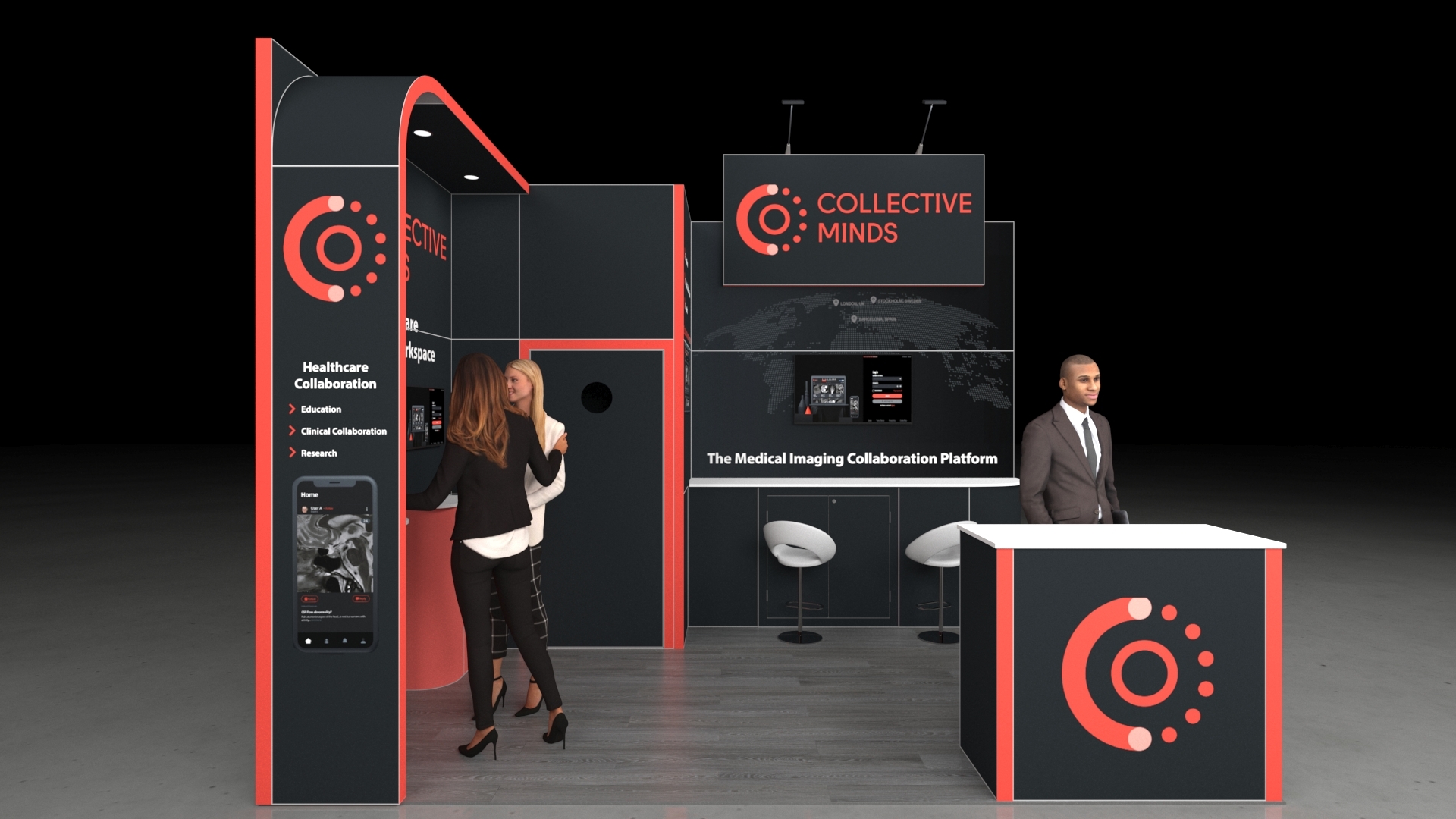 Multi-faceted exhibition stand with a front reception counter, an internal consultation counter, and a demonstration bar with stools. The back wall features a product wall with two digital screens and a storage room/office door. The structure is topped by an elevated header panel.
