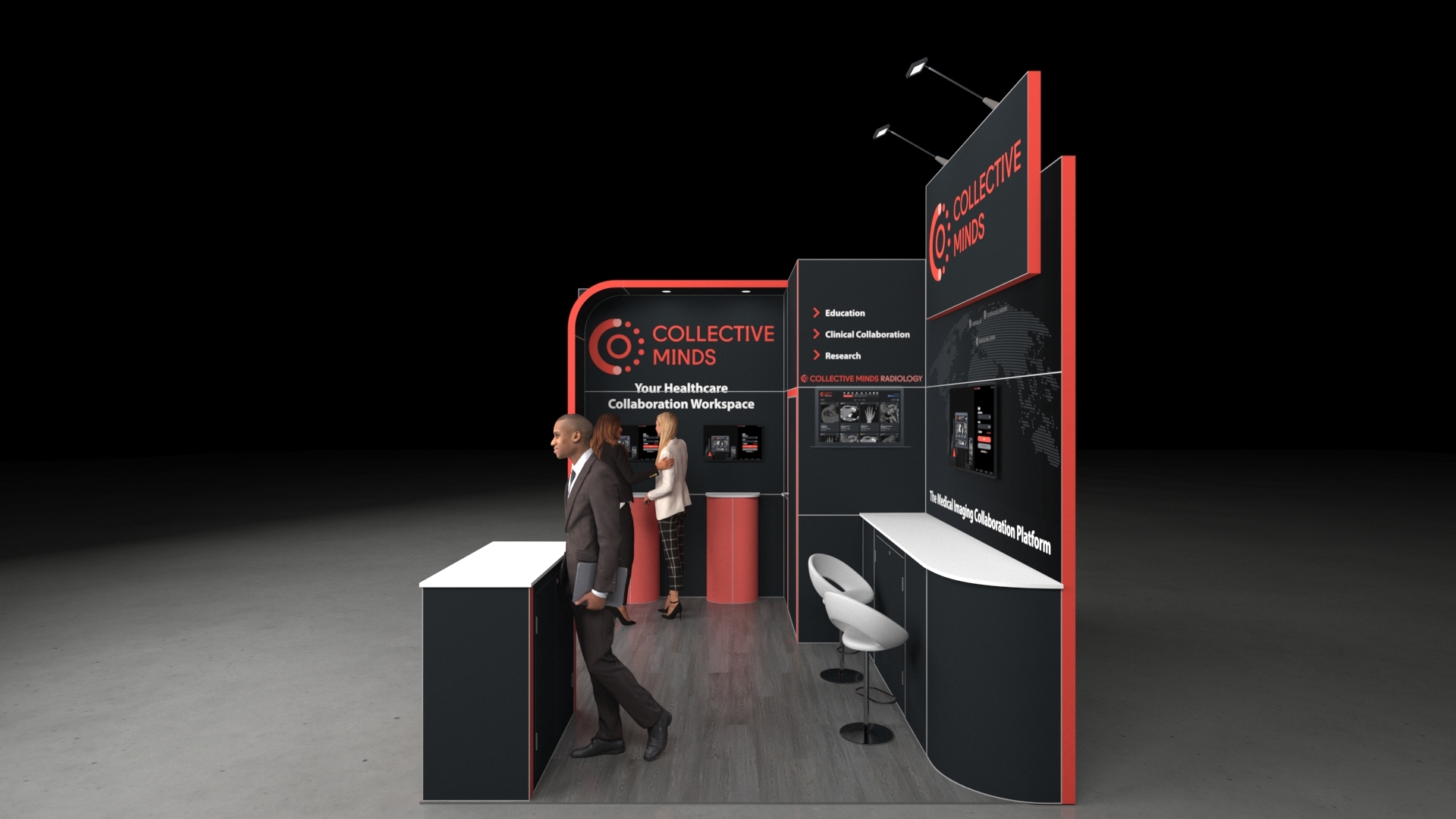 Multi-faceted exhibition stand with a front reception counter, an internal consultation counter, and a demonstration bar with stools. The back wall features a product wall with two digital screens and a storage room/office door. The structure is topped by an elevated header panel.