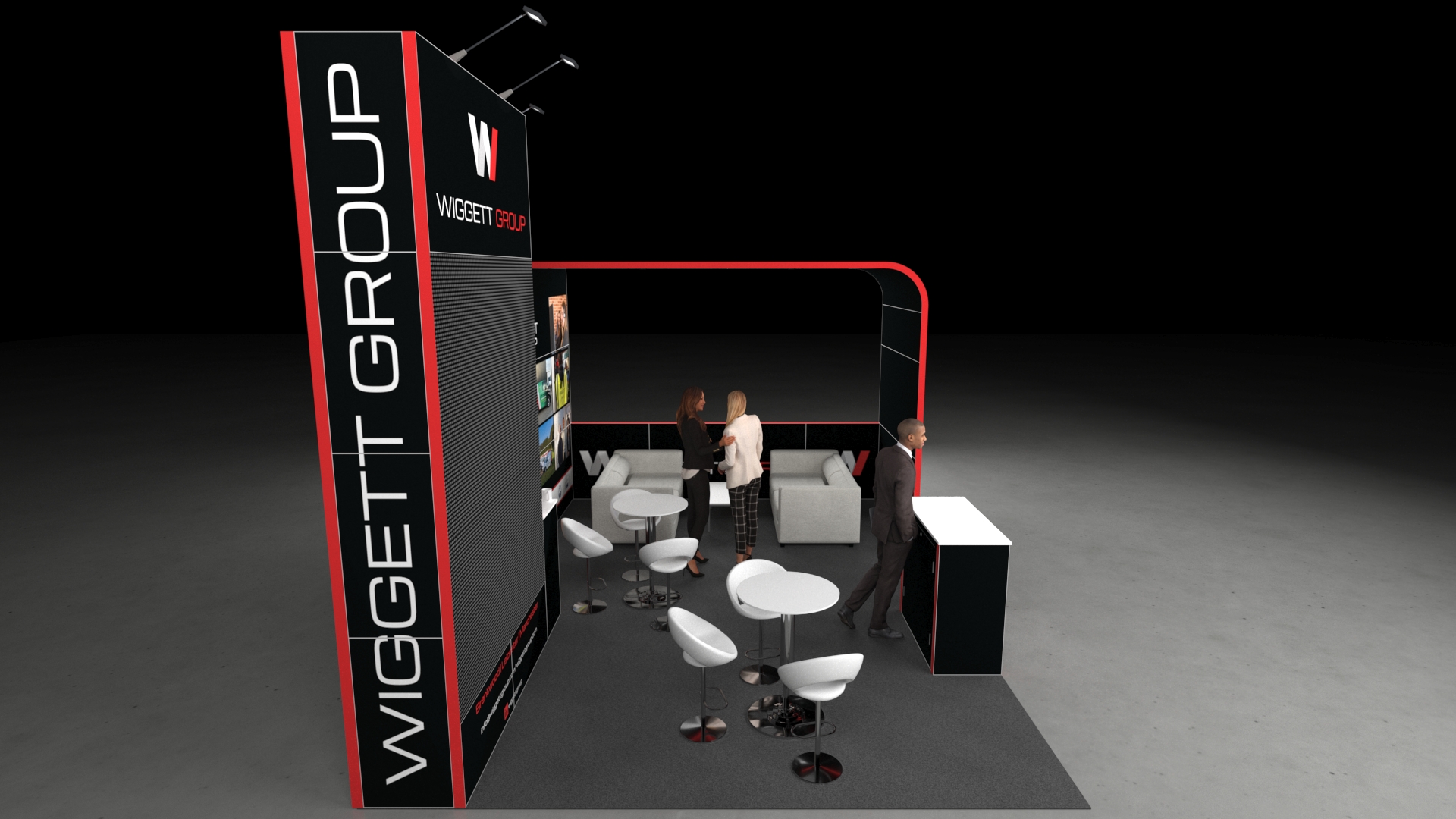 Maryport1 3D render of a modern trade show booth design. The stand features a tall, black and red graphic wall on the left, a semi-enclosed lounge area with grey sofas on the right, and high-top white tables with stylized stools for networking in the centre.
