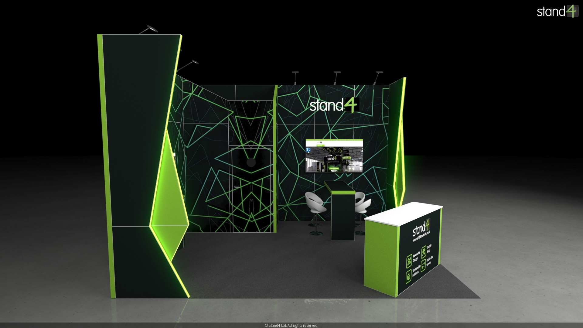 3D rendering of an open corner exhibition stand featuring angular geometric wall structures. The space includes a front reception counter, a high-top peninsula table with three bar stools, a large wall-mounted digital screen, two freestanding display pedestals with smaller screens, and a built-in door leading to a private storage area.