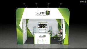 3D rendering of a semi-enclosed exhibition stand featuring a large overarching canopy with arm lights. The space includes a front reception counter, built-in side shelving, a backwall with a digital screen and floating shelves flanked by two tall glass display cabinets, alongside a small meeting area with a round high table, two bar stools, and a literature rack.