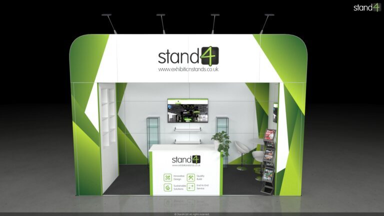 3D rendering of a semi-enclosed exhibition stand featuring a large overarching canopy with arm lights. The space includes a front reception counter, built-in side shelving, a backwall with a digital screen and floating shelves flanked by two tall glass display cabinets, alongside a small meeting area with a round high table, two bar stools, and a literature rack.