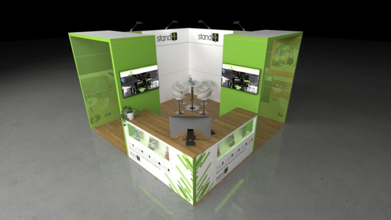 Corner exhibition stand with two tall back walls, a central high table with four chairs, two wall-mounted screens, and a forward-facing reception desk with display shelving.