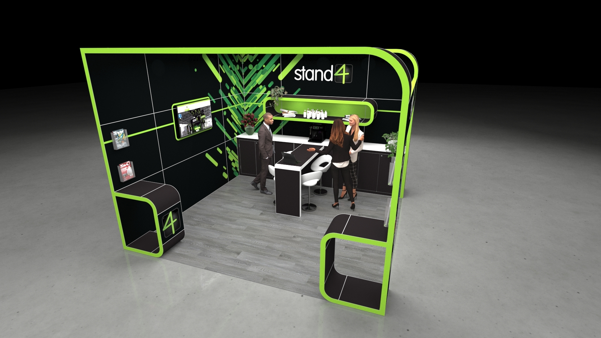 Buxton_1 A 4x4 Modern exhibition stand with rounded rectangular frame, central counter, seating area, back wall shelving, and open side displays.