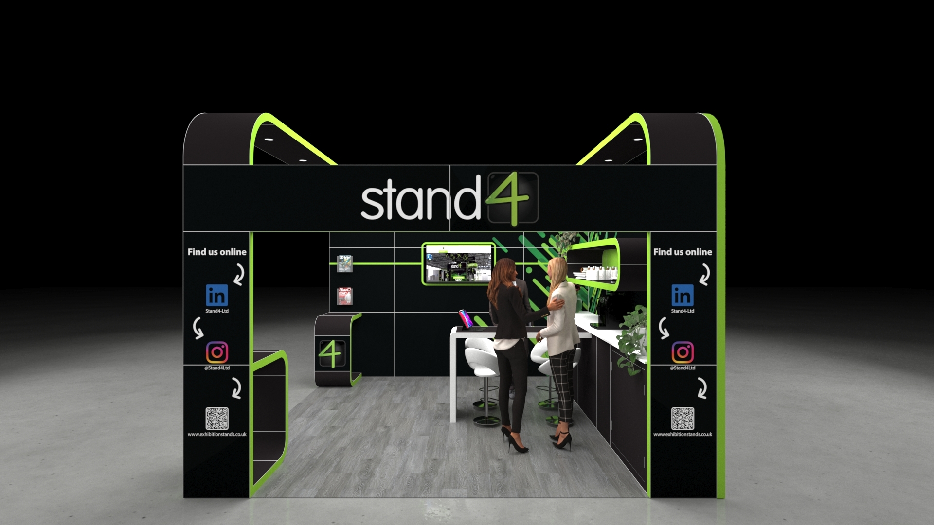 Buxton_3 A 4x4 Modern exhibition stand with rounded rectangular frame, central counter, seating area, back wall shelving, and open side displays.