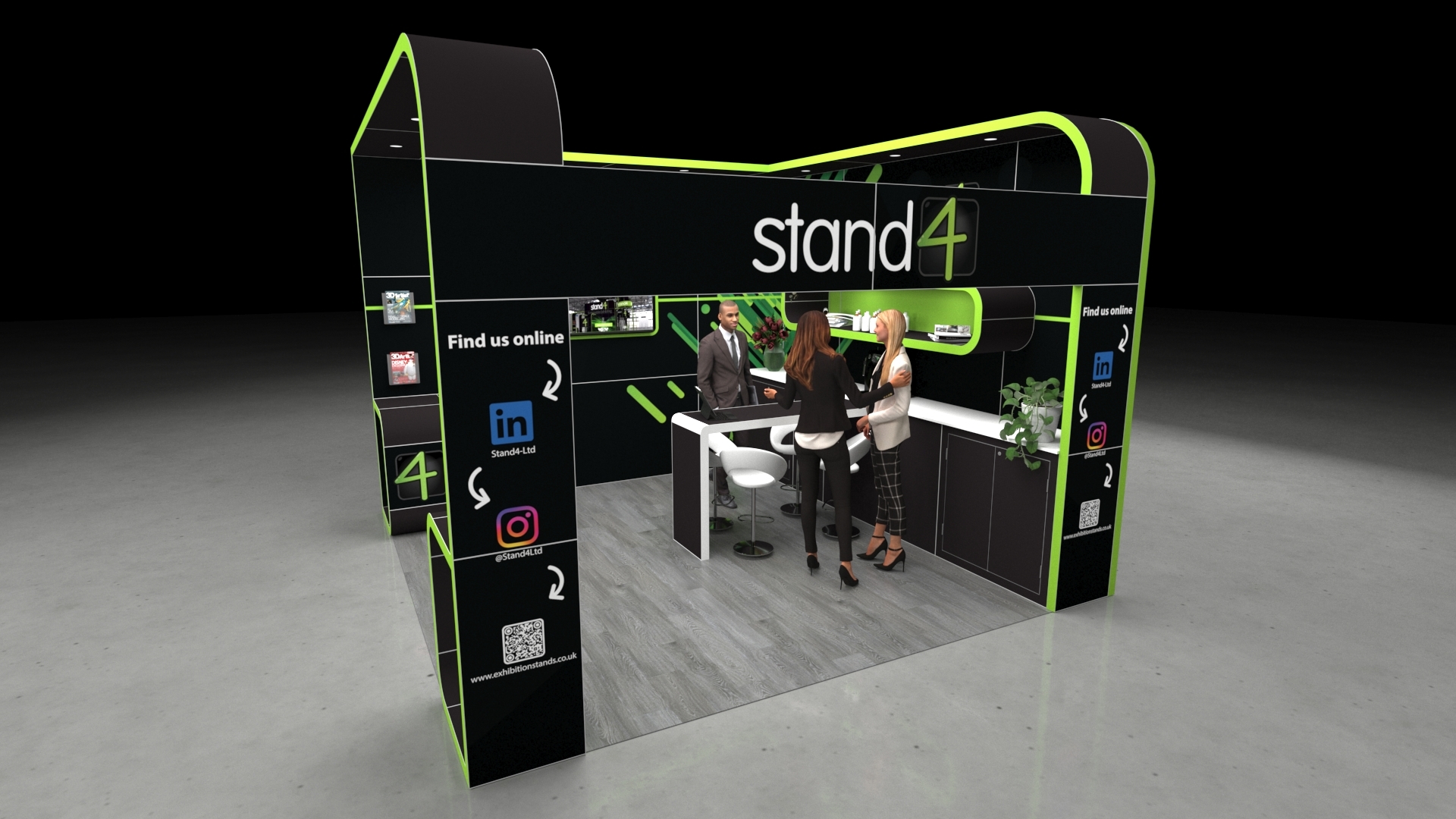 Buxton_4 A 4x4 Modern exhibition stand with rounded rectangular frame, central counter, seating area, back wall shelving, and open side displays.
