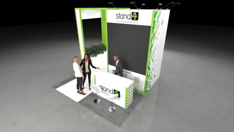Full view of a 4x4m modular exhibition stand featuring a tall main store, a separate entrance arch, a straight counter, two bar stools, and a floor planter.