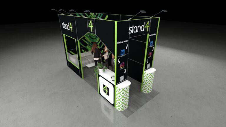 View of a modular, two-open-side 5x2m exhibition stand featuring tall branded walls, a white sofa in a recessed lounge area, a white reception desk, and two cylindrical foreground display units. The stand is optimized for both informal meetings and direct visitor engagement.