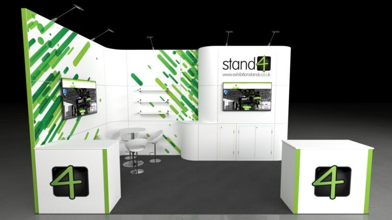 A modern, dynamic 5x3-meter modular exhibition booth. The design features a curved back wall with two integrated display monitors and lockable storage cabinets beneath. There is a central, semi-enclosed seating area with a small round table and high stools. The walls include prominent areas for graphics and product shelves. Two branded counter units are positioned at the front corners.