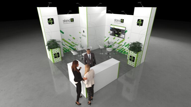 Open and inviting exhibition stand with an L-shaped reception counter and a central meeting area featuring two sets of tables and chairs. The structure is defined by large vertical columns, incorporates a large central TV screen, two curved planters, and a single lockable storage room.