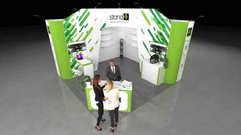 5×5 metre open exhibition stand rendered in white and green, featuring an angled front counter, a curved side wall with a demo desk and TV, a central area with product shelving, and a hospitality area with a coffee machine.