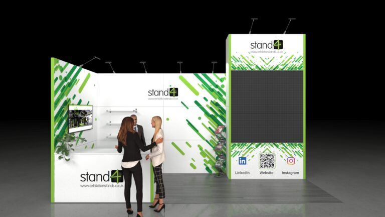 A modern 6x2m modular exhibition stand featuring a large, tiered back wall. The design includes a reception desk for attendee engagement, display shelving, and multiple media points, including a large integrated video wall and a smaller monitor. The stand is shown on a grey floor with a dark background.