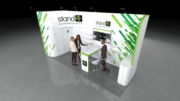 A contemporary 6x2m modular exhibition stand with curved back panels. The stand features a central display counter with seating, an integrated video screen, product shelving, and a concealed storage cupboard behind a door. The floor is light wood on a darker grey background.