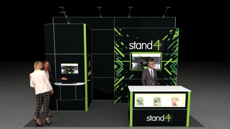 5x2 meter L-shaped modular exhibition stand. It includes a main wall with a display screen, a front reception counter, a curved side wall with a workstation, and a Staff Only door for storage.