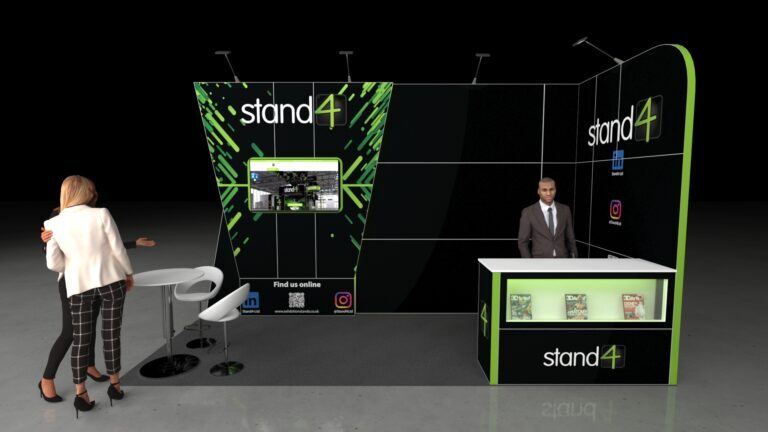 5x2 metre modular exhibition stand. The stand features a large graphic back wall with a mounted screen showing video content, a dedicated white reception counter with under-counter display shelving, and a small white high table with two stools used as a casual meeting area.