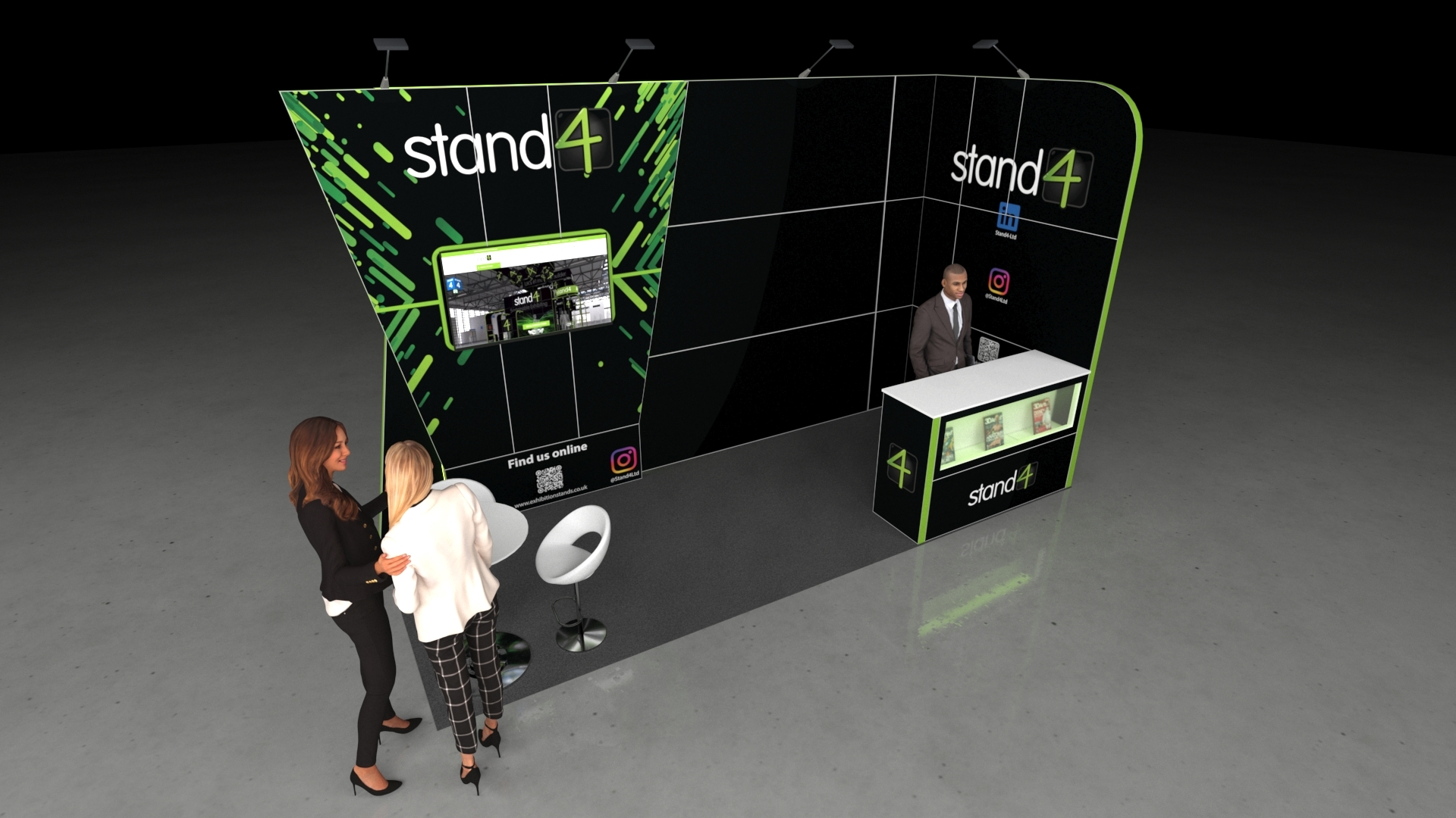 5x2 metre modular exhibition stand. The stand features a large graphic back wall with a mounted screen showing video content, a dedicated white reception counter with under-counter display shelving, and a small white high table with two stools used as a casual meeting area.