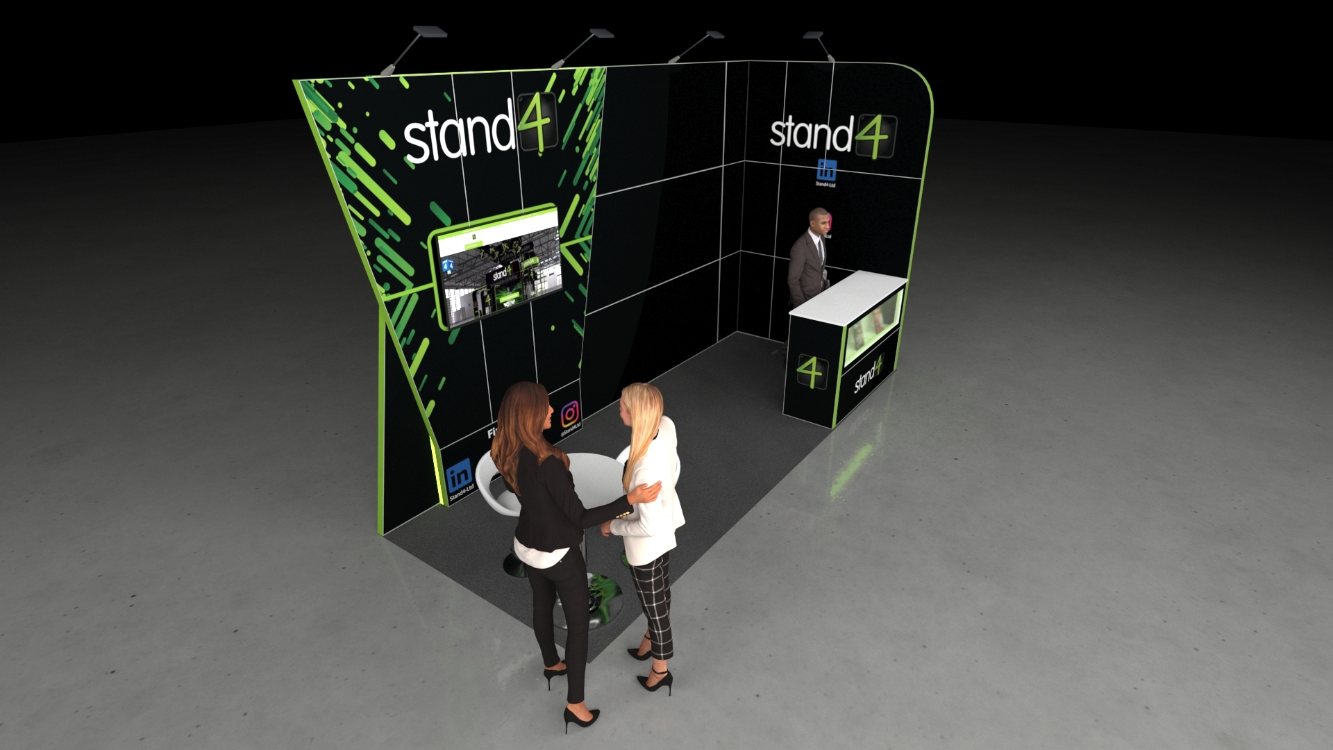 5x2 metre modular exhibition stand. The stand features a large graphic back wall with a mounted screen showing video content, a dedicated white reception counter with under-counter display shelving, and a small white high table with two stools used as a casual meeting area.