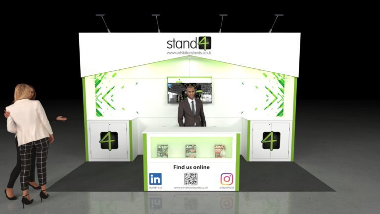 5x2 meter modular exhibition stand in white and green. It features a large back wall with a central display screen, a front reception counter, two side lockable storage cupboards, and a small table with two stools.