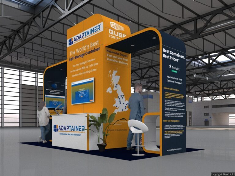 Exhibition stand featuring a tall central tower with a large digital screen, flanked by two curved, arched side panels. Includes a reception counter and a small seating area.