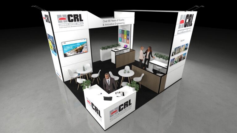 A 6x6 metre exhibition stand. The open layout includes a central reception counter, two round meeting tables, and a rear service bar with a wooden slatted screen. An overhead arch connects the main pillars. People are shown interacting around the integrated screens and graphics.