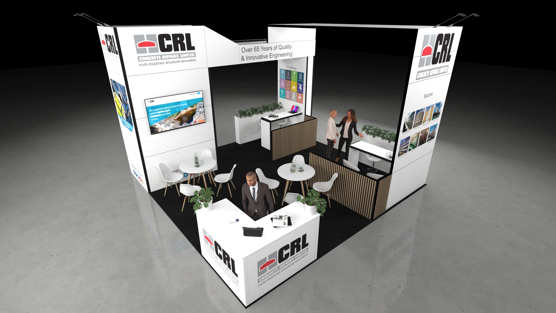 A 6x6 metre exhibition stand. The open layout includes a central reception counter, two round meeting tables, and a rear service bar with a wooden slatted screen. An overhead arch connects the main pillars. People are shown interacting around the integrated screens and graphics.