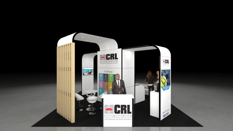 A 6x6 metre exhibition stand. The modern, architectural design features curved walls, a central reception desk, and an arched overhead canopy. The space is defined by a tall slatted wood-effect screen and includes a semi-private seating area and integrated digital screens.
