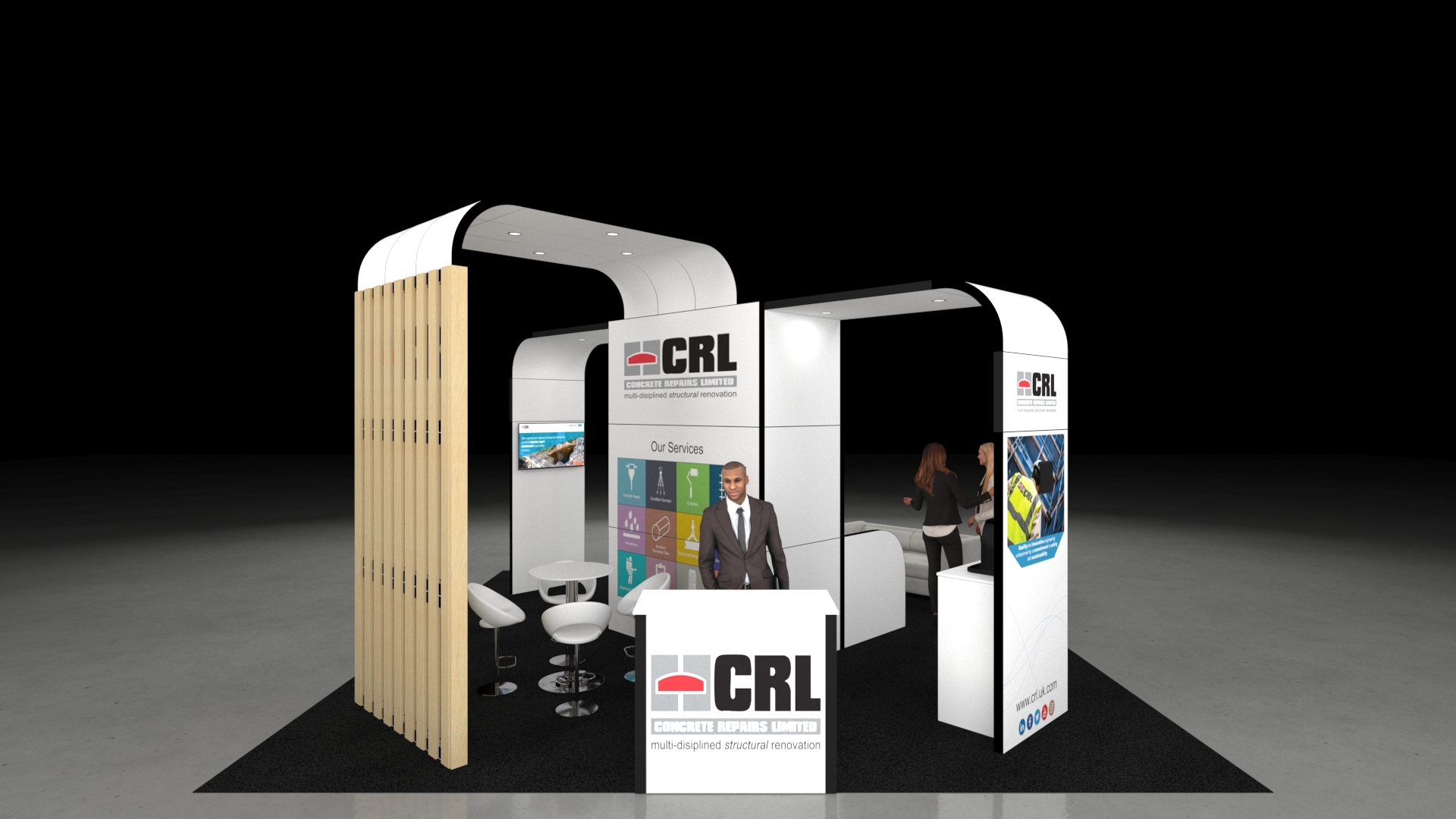 A 6x6 metre exhibition stand. The modern, architectural design features curved walls, a central reception desk, and an arched overhead canopy. The space is defined by a tall slatted wood-effect screen and includes a semi-private seating area and integrated digital screens.