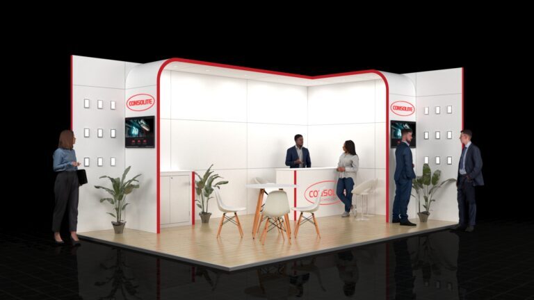 6x4 metre exhibition stand with a clean, contemporary design. Features include a central reception bar/counter, a private meeting table with white chairs, and sleek side walls incorporating digital screens and areas for product display. Integrated plants add an elegant touch.
