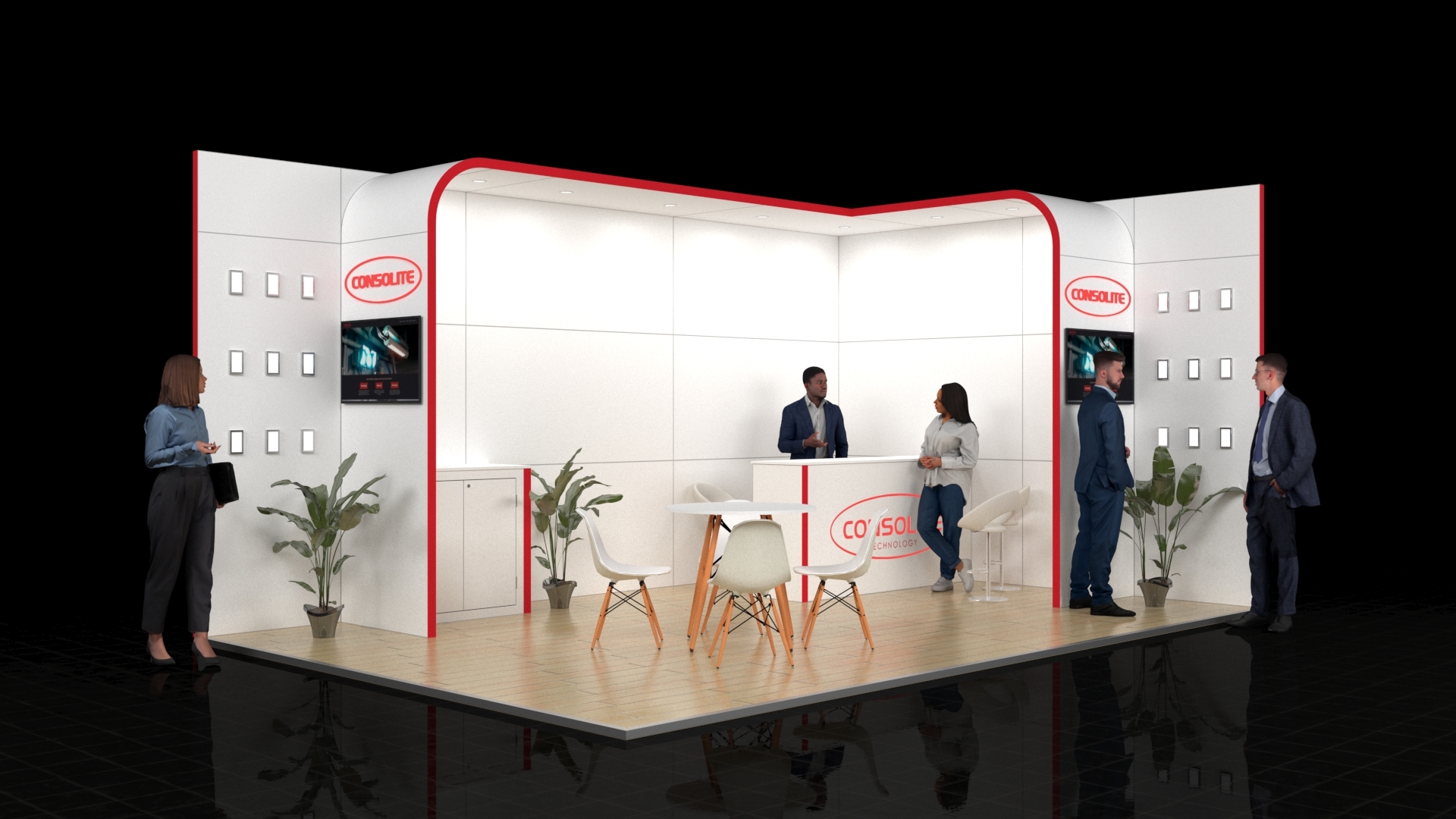 6x4 metre exhibition stand with a clean, contemporary design. Features include a central reception bar/counter, a private meeting table with white chairs, and sleek side walls incorporating digital screens and areas for product display. Integrated plants add an elegant touch.