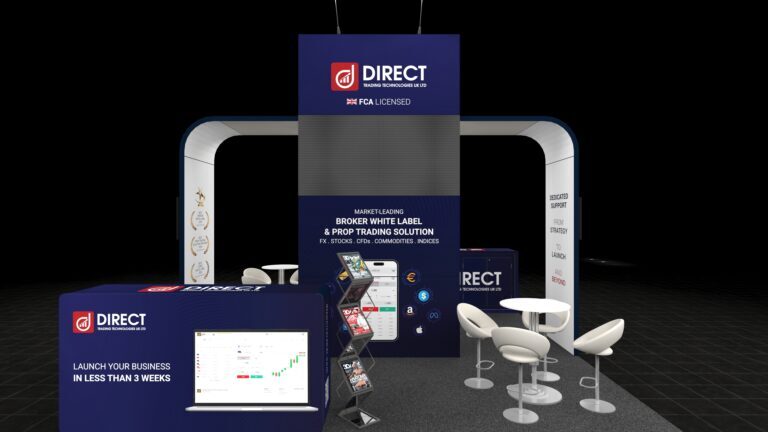 A 5x5 metre exhibition stand. The stand is dominated by a tall central tower featuring an oversized LED video screen and branding. The open layout includes a round high-table meeting area with white stools and a side counter for demonstrations.