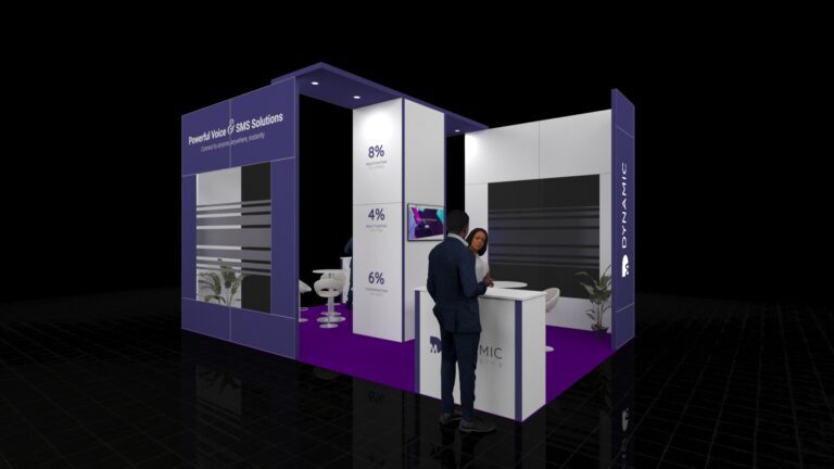 A 5x4 metre exhibition stand. The modern design features a central reception counter, a seating area with high stools, and an integrated digital screen on the back wall.