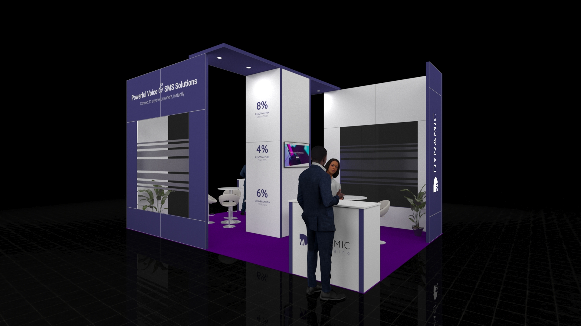 A 5x4 metre exhibition stand. The modern design features a central reception counter, a seating area with high stools, and an integrated digital screen on the back wall.