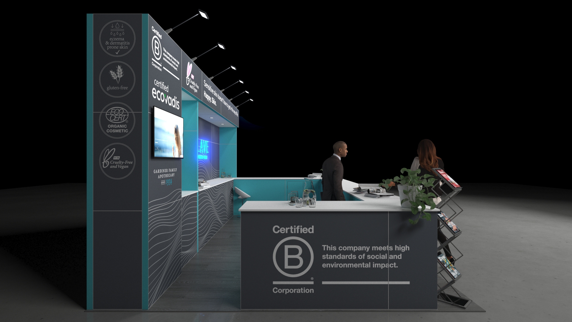 Marietta2 A 6x4 metre exhibition stand. The stand features a long, U-shaped white reception counter and a back wall with integrated product shelving and a large neon logo. An arched niche creates a focal point.
