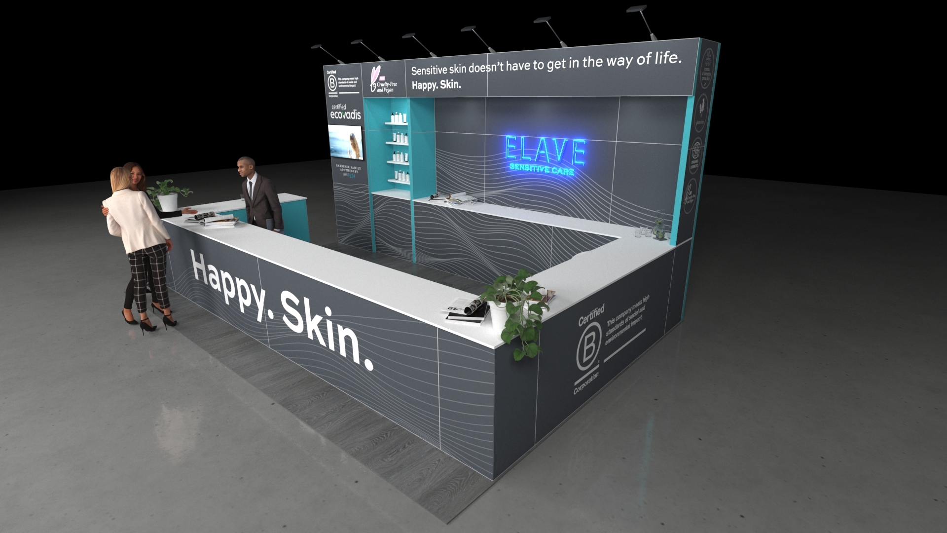 Marietta3 A 6x4 metre exhibition stand. The stand features a long, U-shaped white reception counter and a back wall with integrated product shelving and a large neon logo. An arched niche creates a focal point.