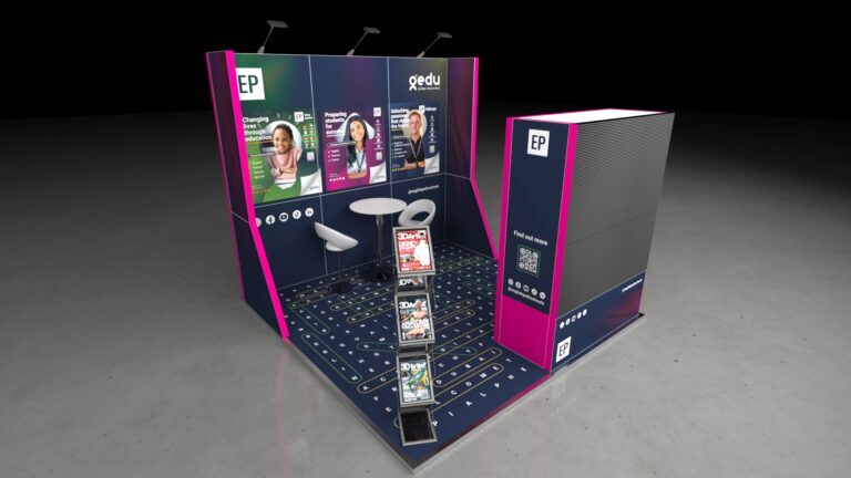 A 3x3 metre exhibition stand. The compact design features a back wall with large graphics, a small meeting area with a high table and white seating, and a tall, prominent display tower. The floor features an crossword themed graphic.