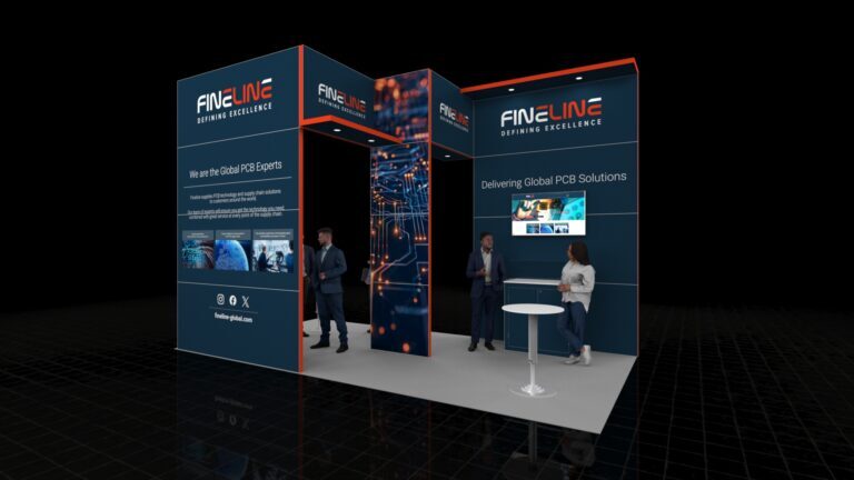 A 5x3 metre exhibition stand. The modern, mirrored corner stand features a prominent central illuminated entry archway with a striking graphic pillar, and a consultation area with a white high-top table and an integrated digital screen on the back wall.
