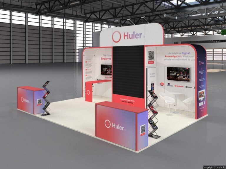 7x5 exhibition booth with large LED screen, two TVs, one round meeting table with chairs, dual counters, brochure stands, a workshop area, and an enclosed store room.