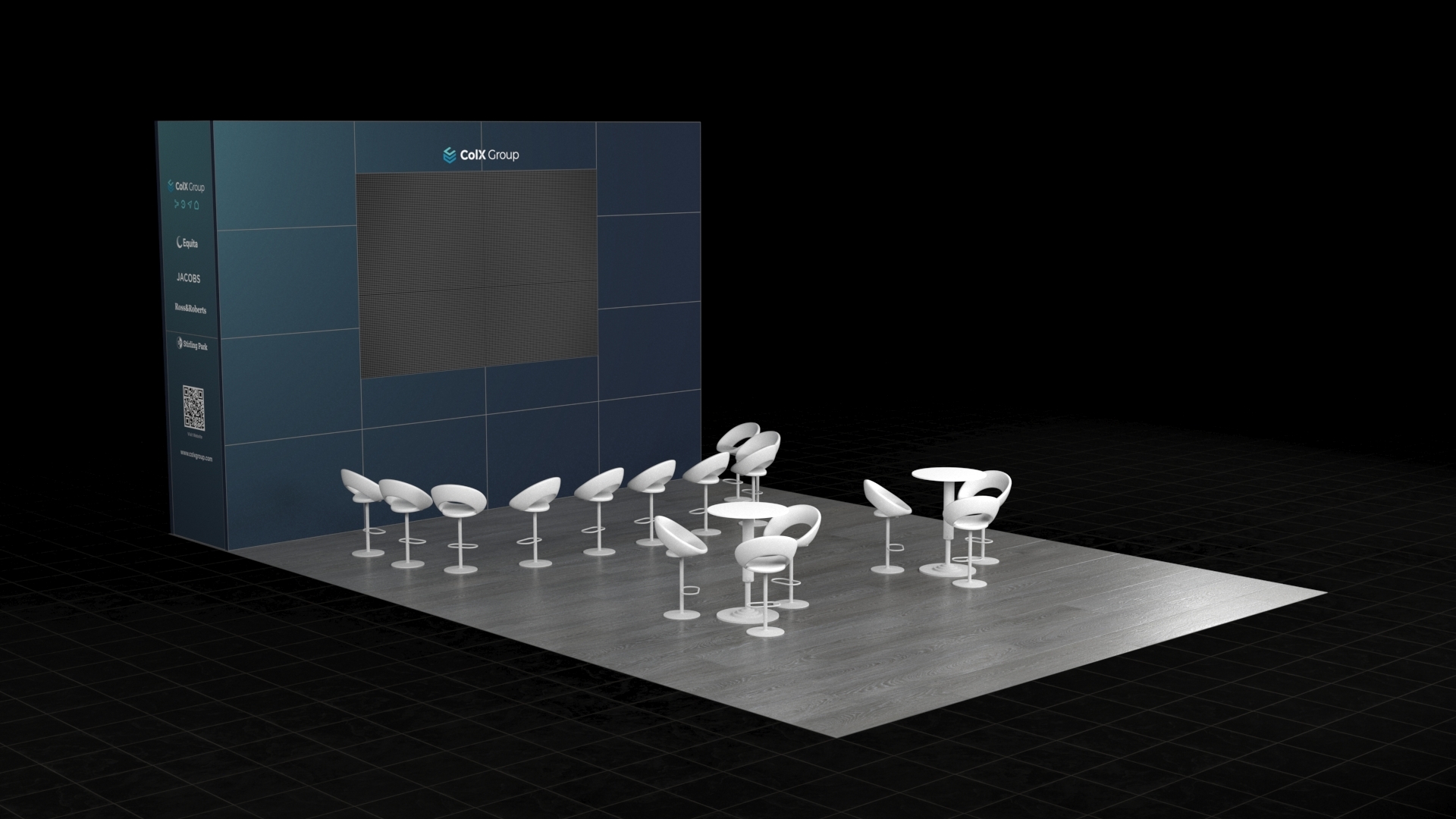 A large 9x6 metre stand. The design is simple and open with a big back wall that has a huge video screen. The open floor space is set up with many white high tables and stools for people to talk and watch the screen.
