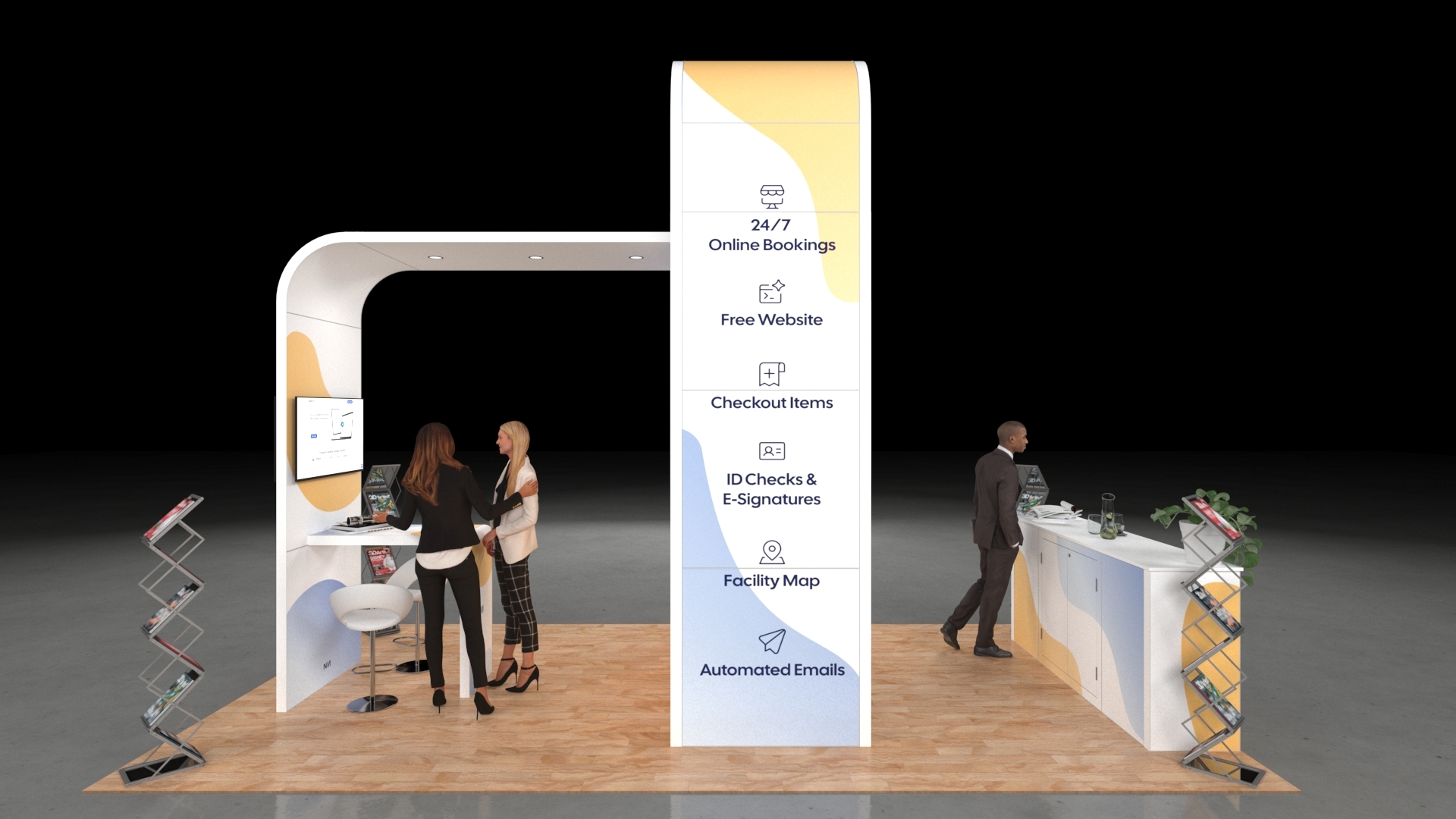 A contemporary 6x3m island exhibition stand with a tall, arched structure. The stand features a front reception counter, a large integrated video wall, a second smaller monitor in a consultation area, and multiple magazine racks. The floor is light wood on a grey background.