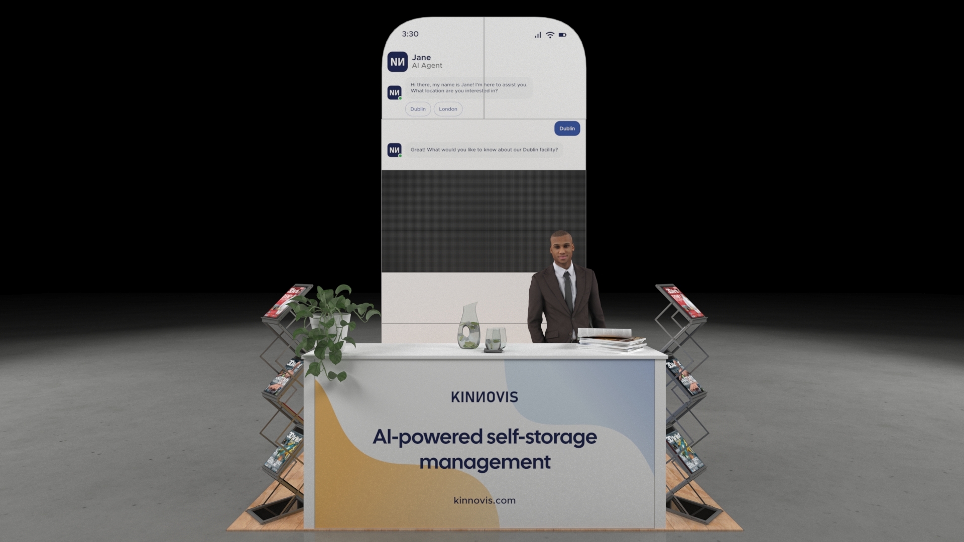 A contemporary 6x3m island exhibition stand with a tall, arched structure. The stand features a front reception counter, a large integrated video wall, a second smaller monitor in a consultation area, and multiple magazine racks. The floor is light wood on a grey background.