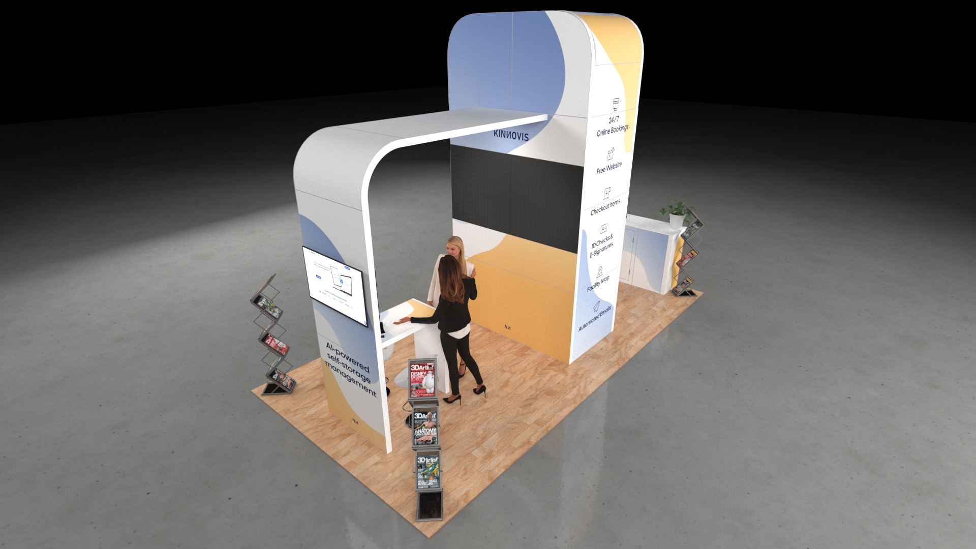 A contemporary 6x3m island exhibition stand with a tall, arched structure. The stand features a front reception counter, a large integrated video wall, a second smaller monitor in a consultation area, and multiple magazine racks. The floor is light wood on a grey background.
