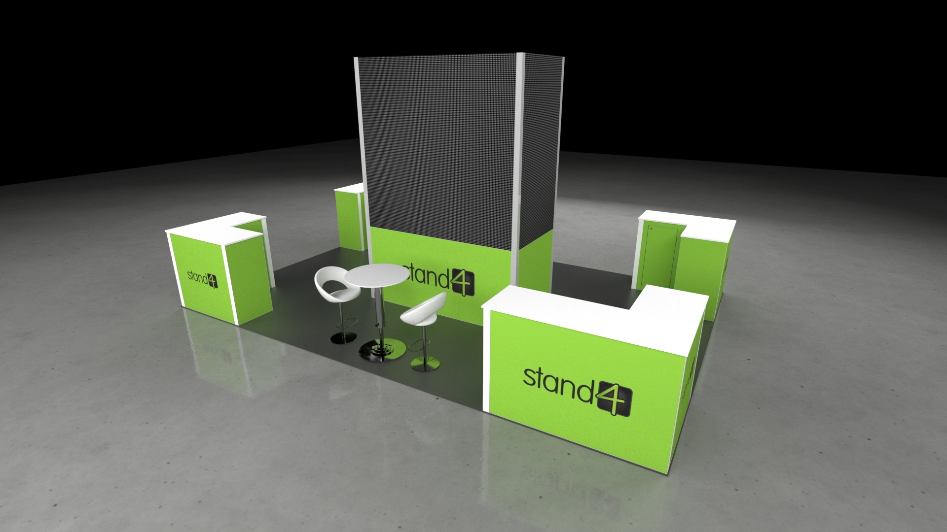 6x4 exhibition booth with central wraparound LED walls, four counters positioned around the perimeter, a small round meeting table with stools, and an open layout designed for high visibility and interaction.