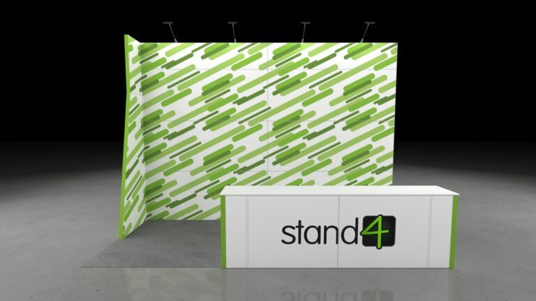 3D render of a 5x2 exhibition stand with a tall back wall, side return wall, front counter, and overhead spotlights on a grey floor.