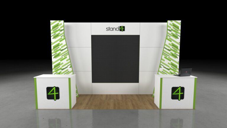 5x2 exhibition stand with central screen, twin counters, branded rear wall, and light wood flooring. Clean layout with green accents and open visitor access.