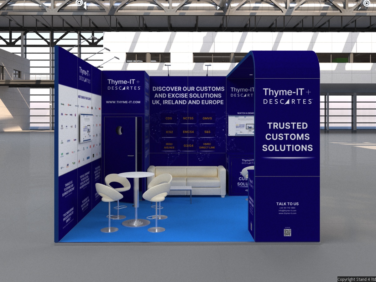 4x4 exhibition booth with open layout featuring two counters, a round meeting table with chairs, a sofa, two wall-mounted TVs, and an enclosed store room.